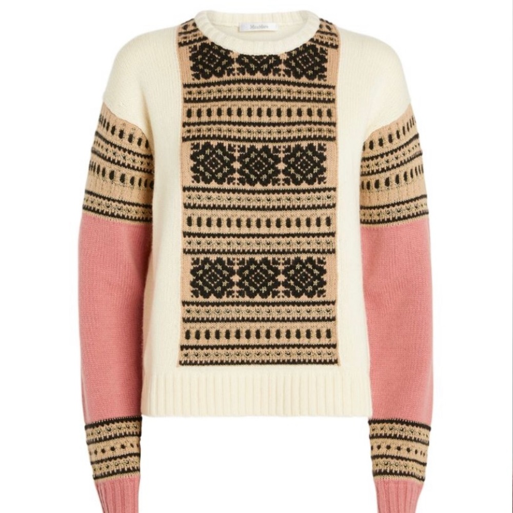 Sumptuous, cashmere Max Mara sweater. Modern fair isle pattern with gold thread